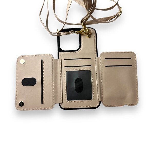 Crossbody Wallet Case For iPhone 14 Pro Max Beige Black Card Slots Zipper Pocket - Picture 1 of 11